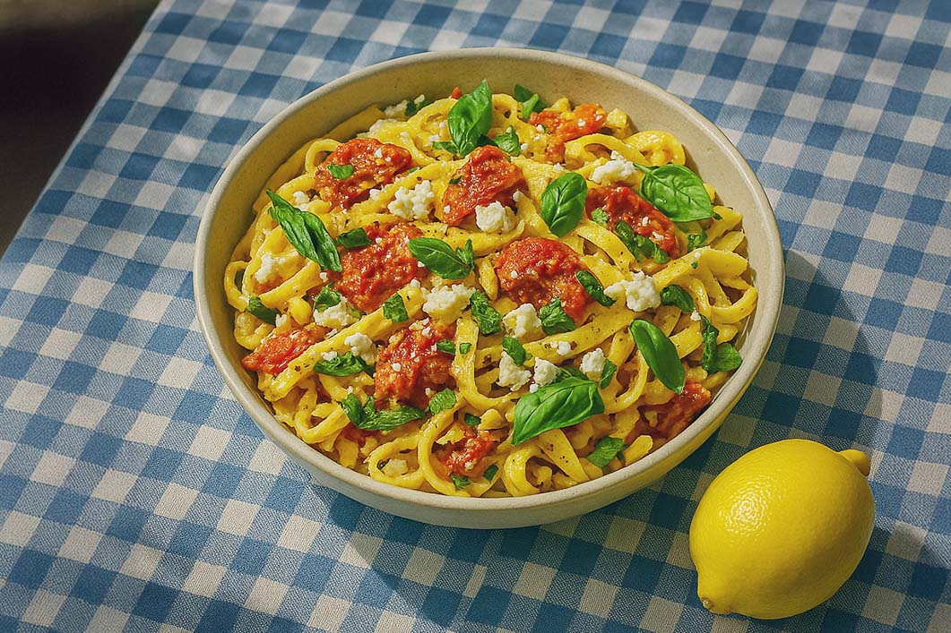 Cremige Feta-Zitronen-Pasta mit gerösteten Tomaten und Knoblauch hoch