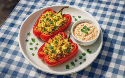 Gefüllte Paprika mit Feta-Quinoa und sonnengetrockneten Tomaten-Joghurt-Dip