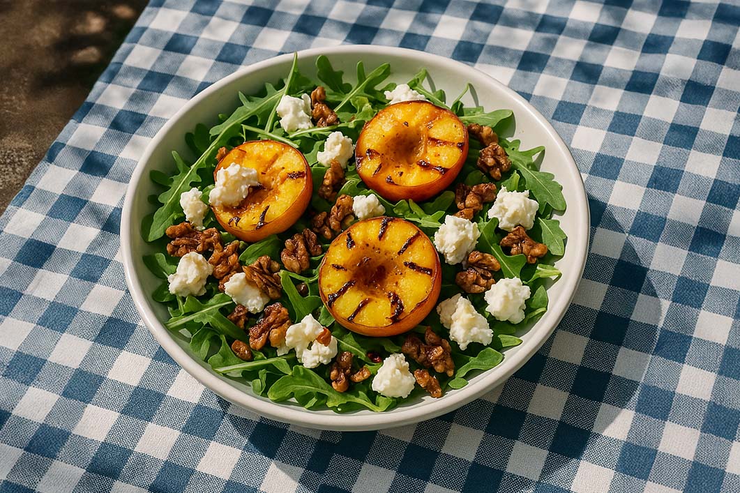 Pfirsich-Feta-Salat mit Rucola & karamellisierten Walnüssen hoch